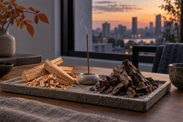 Agarwood and sandalwood scent study beside a heat-safe incense holder in an autumn city apartment