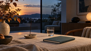 Autumn equinox evening light with an unlit incense stick, notebook, and water