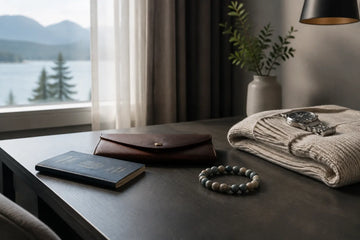 Bracelet packed for frequent travel beside a soft pouch, watch, and folded knitwear