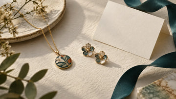 Early holiday jewelry gifts arranged with an ivory note and deep teal ribbon