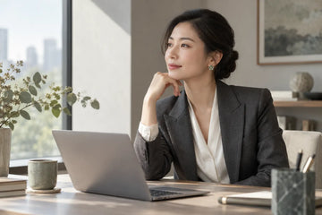 Professional wearing small floral enamel earrings with a charcoal blazer and ivory blouse