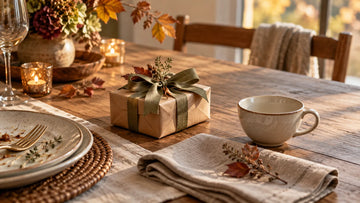 Wrapped autumn dinner host gift beside linen napkin and tea cup