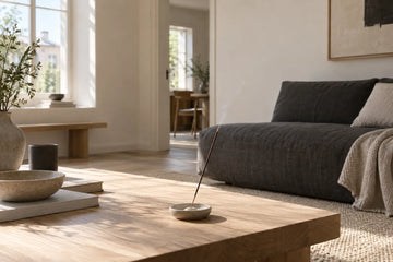 One incense stick burning lightly in an airy modern living room