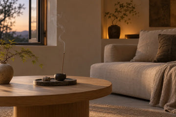 Incense placed on a stone tray near an open window in a shared living room