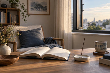 Open book beside an unlit incense stick and an open window in a calm reading room