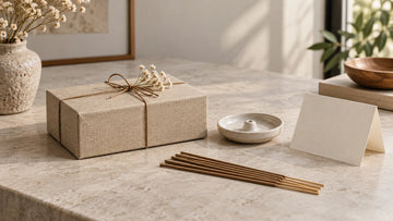 A calm incense gift with holder, unlit sticks, and a blank note card