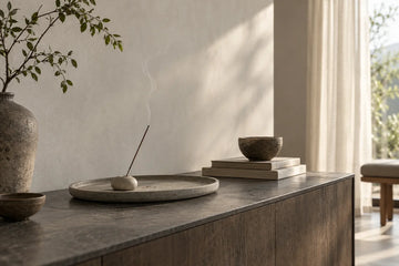 Incense holder on a broad stone tray with clear space from walls and curtains