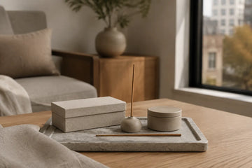Simple incense starter set on a heat-safe tray in a compact city apartment