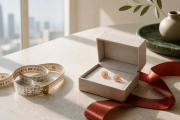 Jewelry gift box with floral earrings and measuring tape set aside