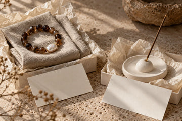 Pearl and brown agate bracelet beside a minimalist ceramic incense holder in restrained gift boxes