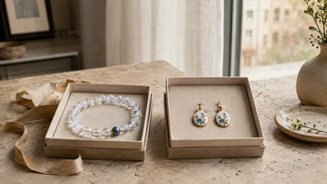 Natural stone bracelet and enamel earrings presented in separate gift boxes