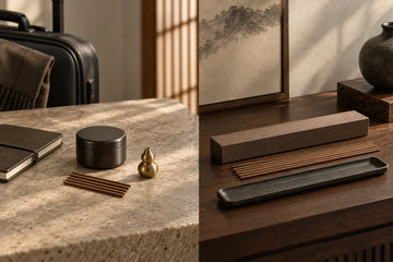 Portable incense set beside a dedicated home incense setup, both unlit
