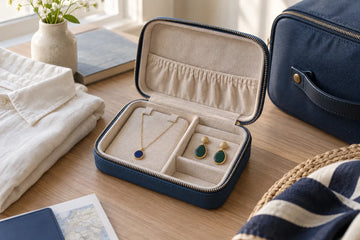 Compact travel jewelry organizer with a necklace and earrings stored in separate soft compartments