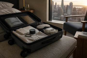 An open carry-on with a compact travel tin, natural-stone bracelet, notebook and eye mask in a hotel room