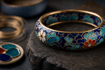Close-up of cloisonne enamel bracelet detail showing wirework and colored cells