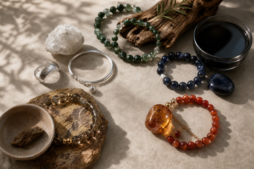 Five Element jewelry arranged by Metal, Wood, Water, Fire, and Earth color families