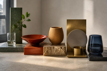 Five material studies representing the Five Elements through wood, enamel, ceramic, metal and deep blue glass