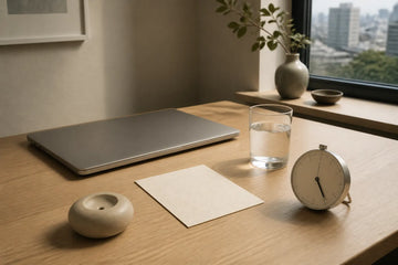 A five-minute desk ritual with a closed laptop, water, blank card, ceramic object, and timer