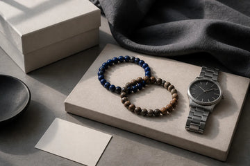Natural-stone bracelets styled with a watch and gift box for a meaningful men's jewelry gift