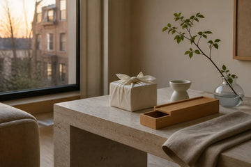 A quiet wrapped host gift beside bamboo and ceramic objects in a design-conscious city apartment