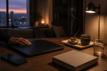 A closed laptop beside a warm evening reading and incense setup in a city apartment