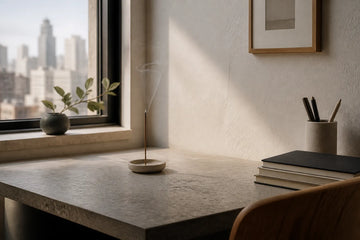 A compact city apartment desk with a generic ceramic incense holder placed on a heat-safe surface