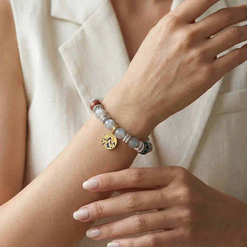 The Lunar Spring - Grey Moonstone & Blue Cloisonné Amulet Bracelet ZANYÉ