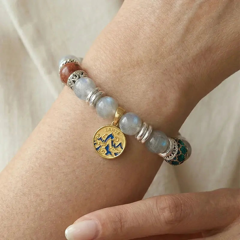 The Lunar Spring - Grey Moonstone & Blue Cloisonné Amulet Bracelet ZANYÉ