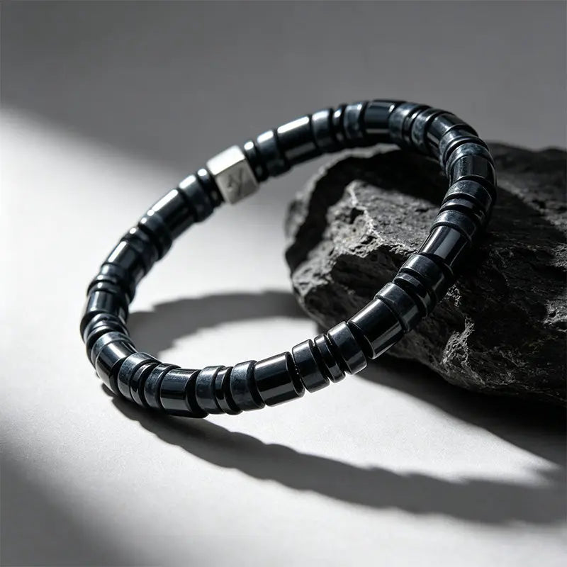 The Obsidian Shadow - Cylindrical Black Larvikite Bracelet ZANYÉ