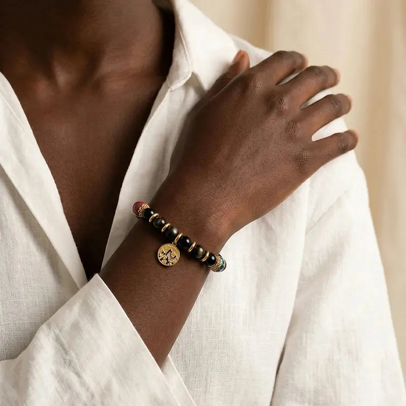 The Celestial Ember - Golden Obsidian & Blue Cloisonné Amulet Bracelet ZANYÉ