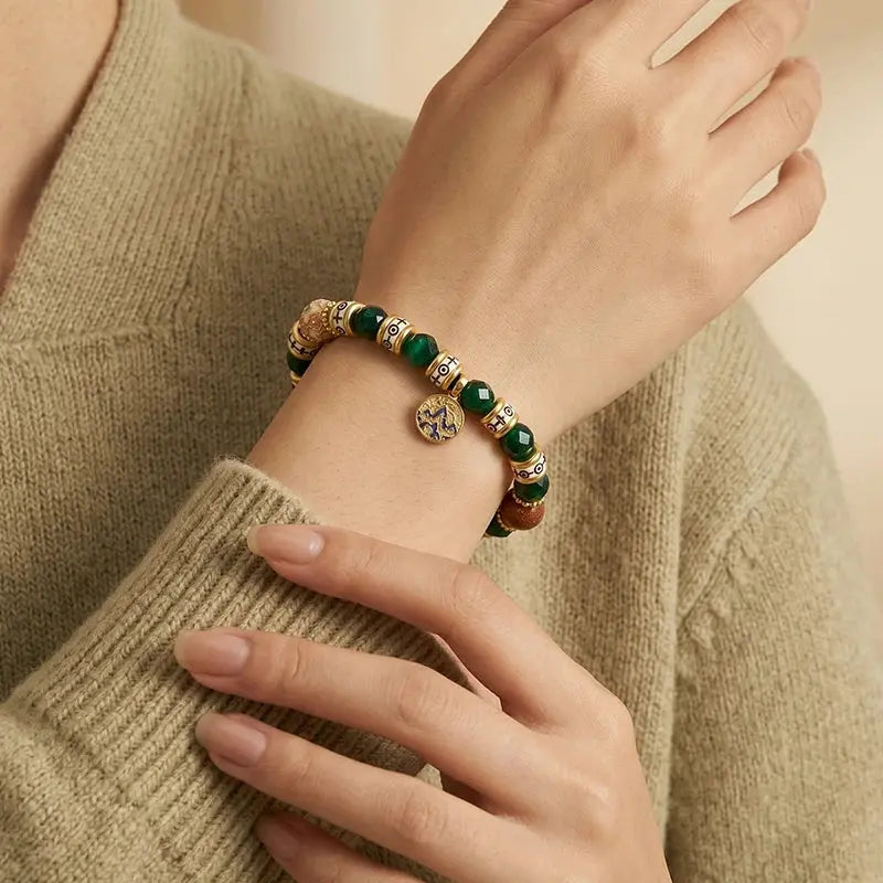 The Zen Forest - Green Tiger’s Eye & Pink Cloisonné Amulet Bracelet ZANYÉ