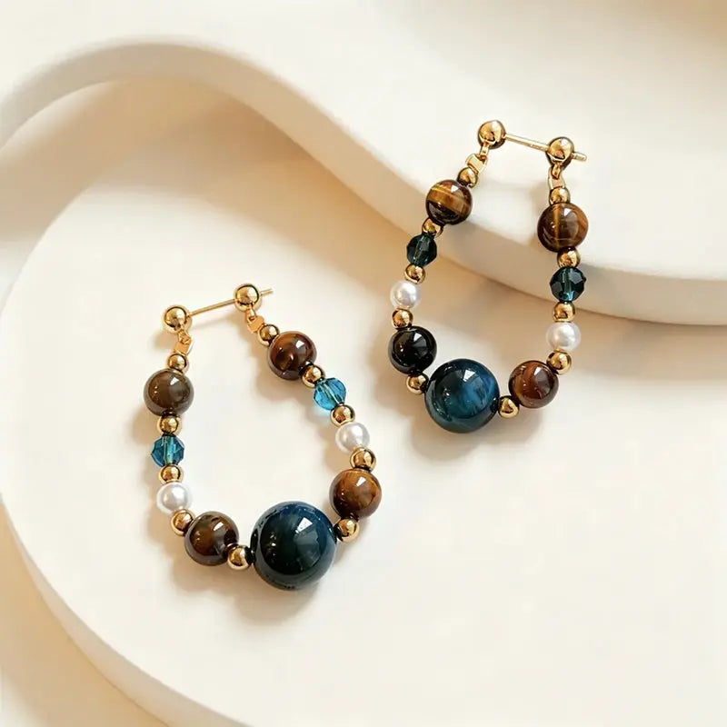 The Ocean Luminary - Blue Tiger's Eye & Freshwater Pearl Drop Earrings ZANYÉ