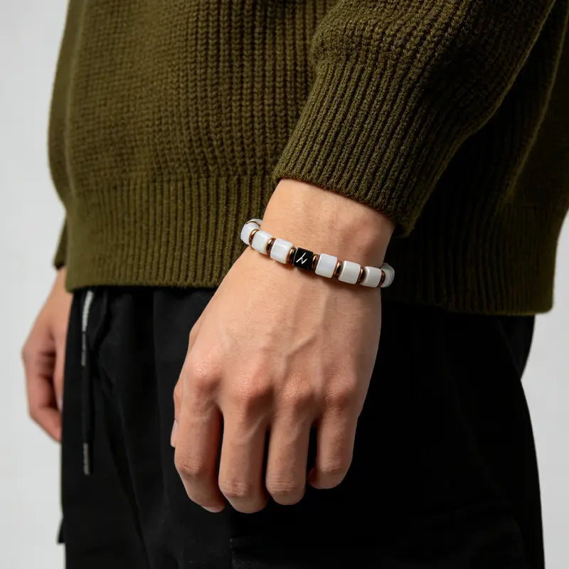 Ink & Alabaster - White Marble & Hematite Faceted Bracelet ZANYÉ
