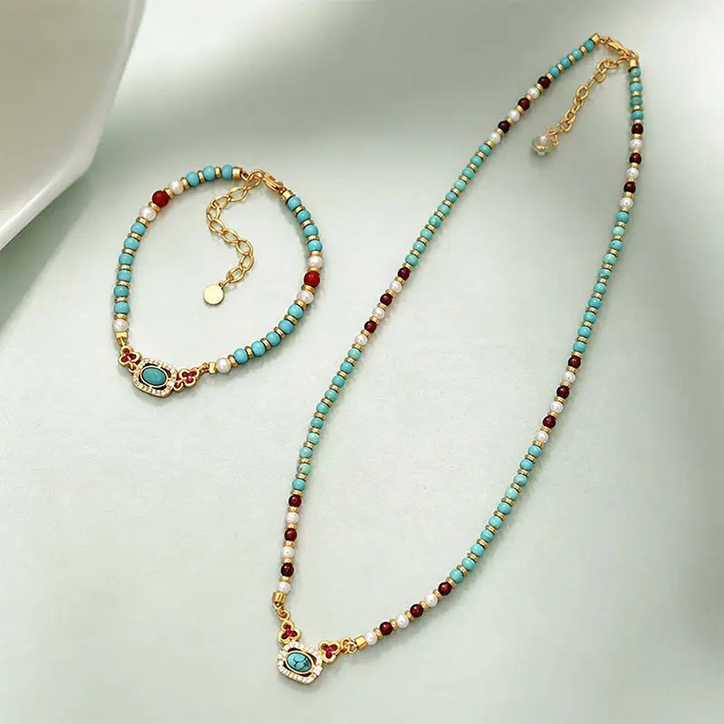 The Azure Talisman - Natural Turquoise & Crystal Pearl Necklace ZANYÉ