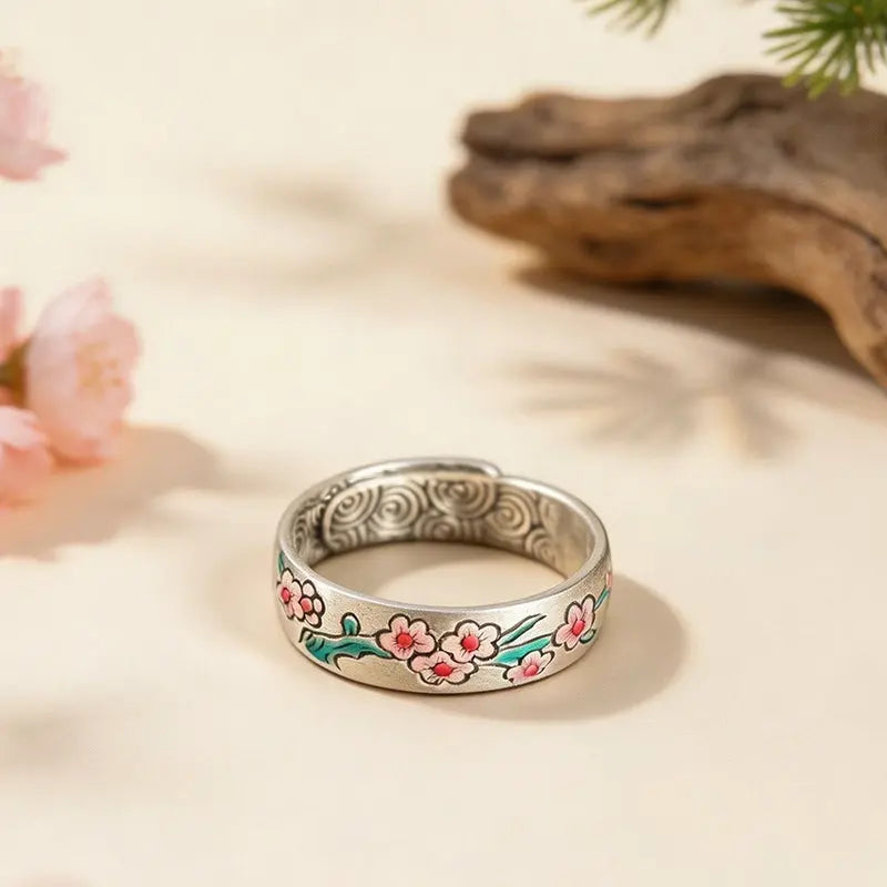 The Resilient Plum Blossom Cloisonné Silver Ring ZANYÉ