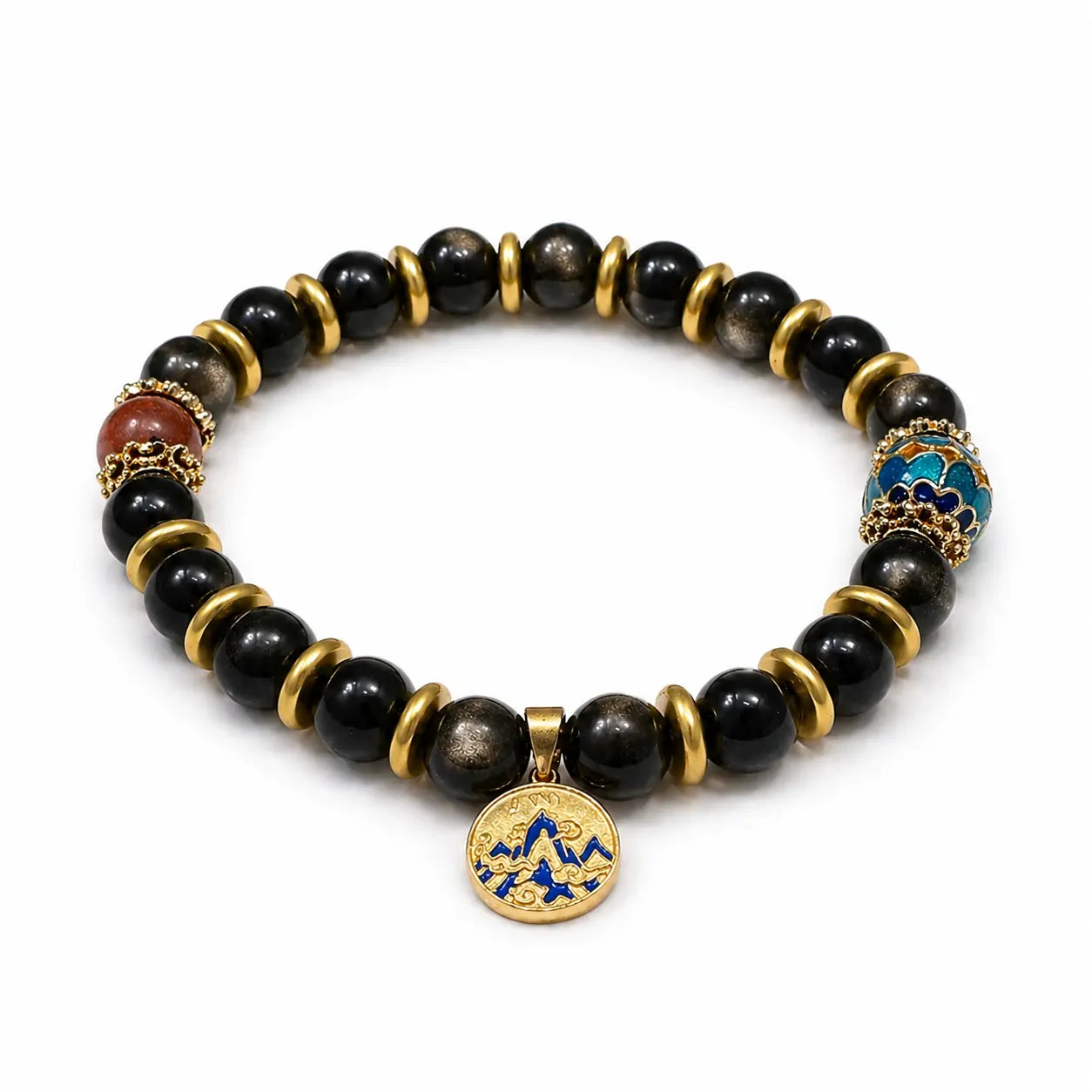 The Celestial Ember - Golden Obsidian & Blue Cloisonné Amulet Bracelet ZANYÉ