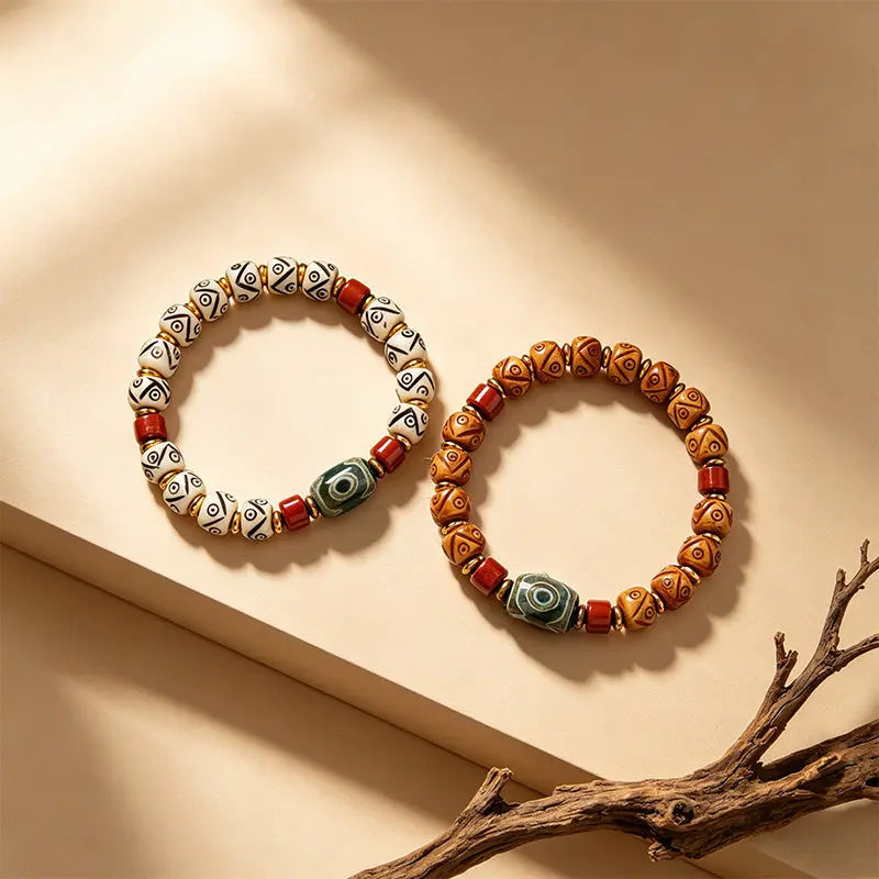The Ancestral Totem - Handcrafted Bovine Bone & Agate Dzi Bead Bracelet ZANYÉ