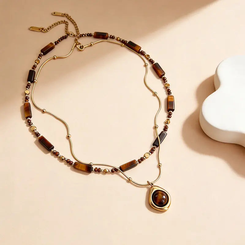 The Desert Horizon - Double-Layered Layering Tiger's Eye Pendant Necklace ZANYÉ