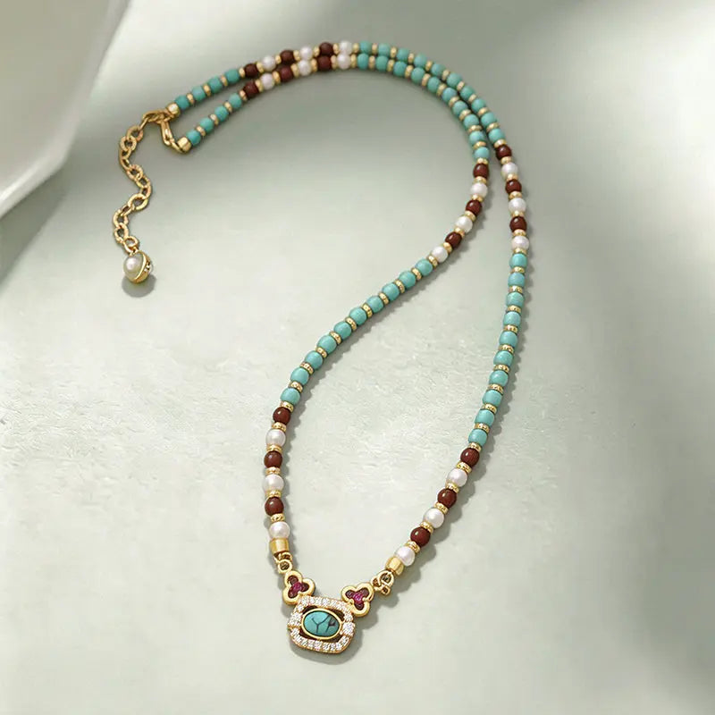 The Azure Talisman - Natural Turquoise & Crystal Pearl Necklace ZANYÉ