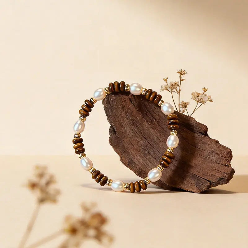 The Luminous Prelude - Freshwater Pearl & Tiger's Eye Minimalist Bracelet ZANYÉ