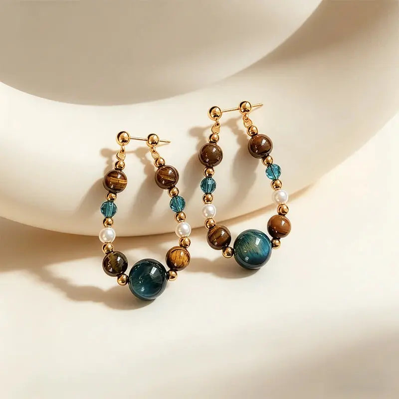 The Ocean Luminary - Blue Tiger's Eye & Freshwater Pearl Drop Earrings ZANYÉ