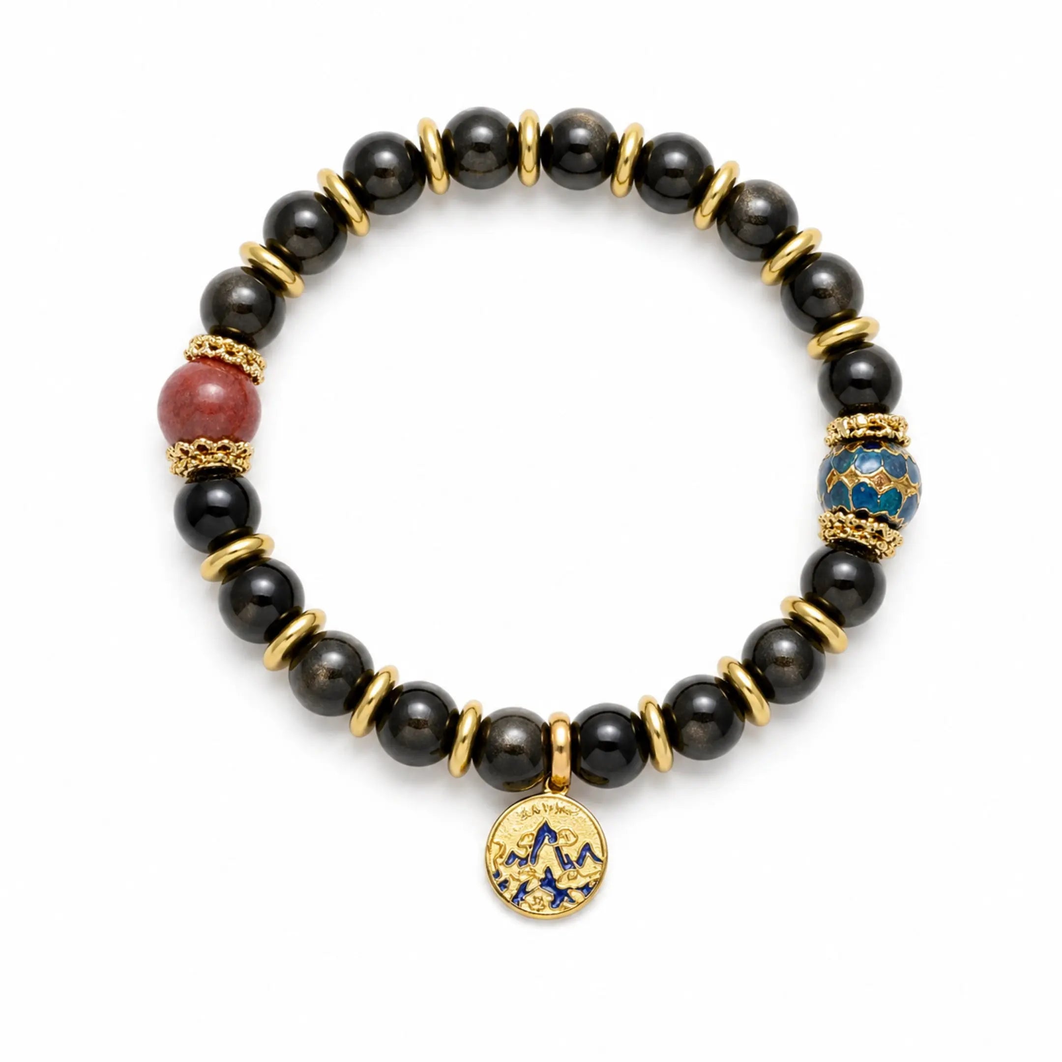 The Celestial Ember - Golden Obsidian & Blue Cloisonné Amulet Bracelet ZANYÉ