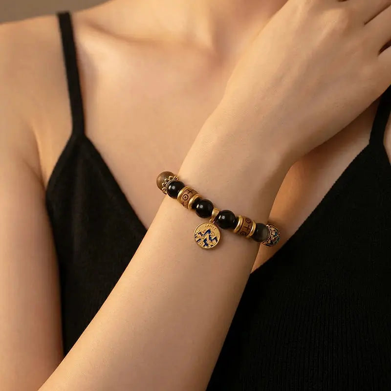 The Lunar Shield - Silver Sheen Obsidian & Blue Cloisonné Archive Bracelet ZANYÉ