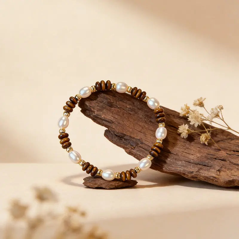 The Luminous Prelude - Freshwater Pearl & Tiger's Eye Minimalist Bracelet ZANYÉ
