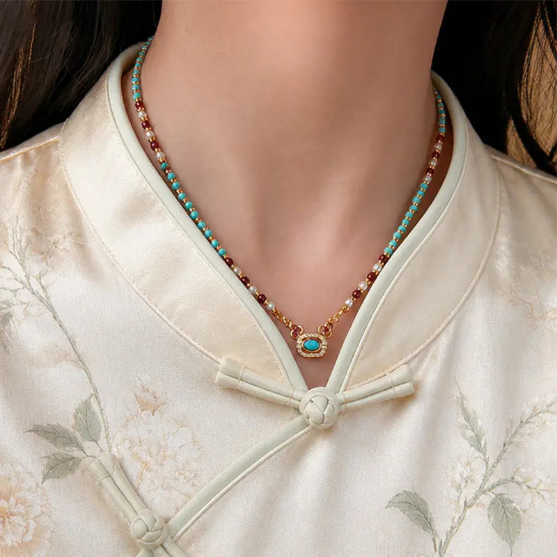 The Azure Talisman - Natural Turquoise & Crystal Pearl Necklace ZANYÉ