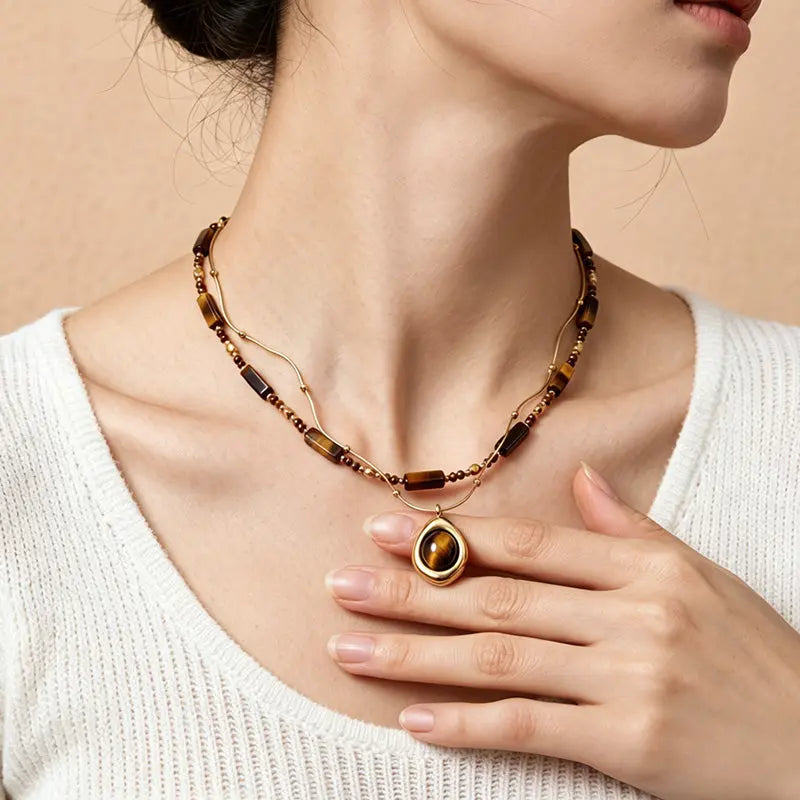 The Desert Horizon - Double-Layered Layering Tiger's Eye Pendant Necklace ZANYÉ