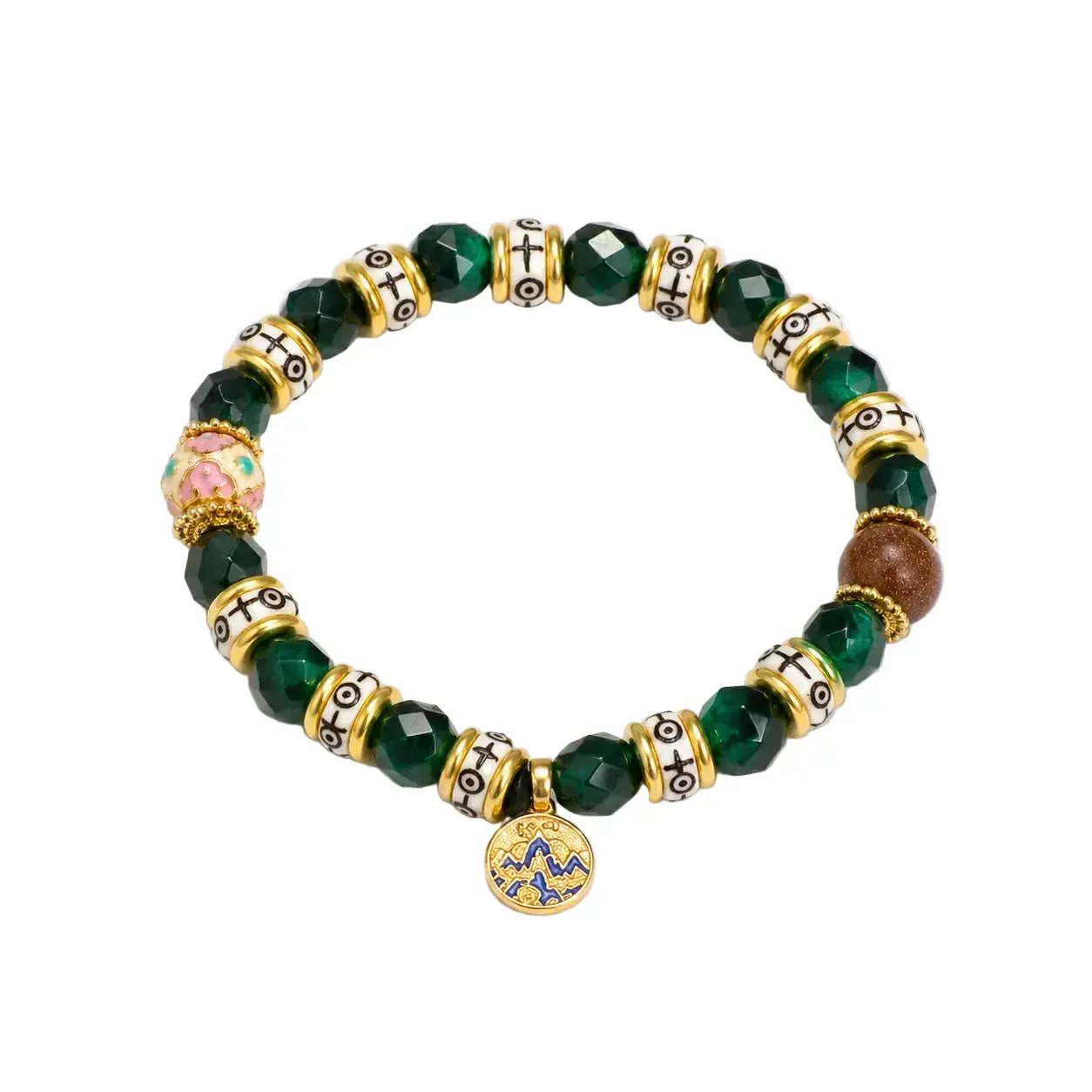 Bracelet with green beads and gold accents on a white background