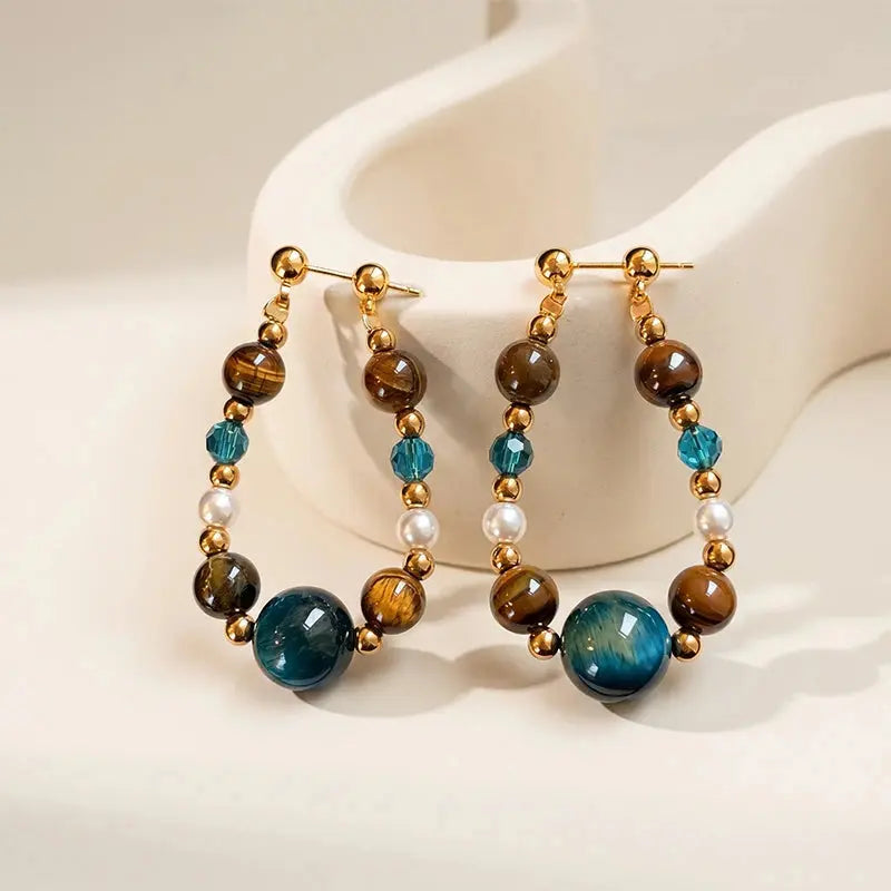 The Ocean Luminary - Blue Tiger's Eye & Freshwater Pearl Drop Earrings ZANYÉ
