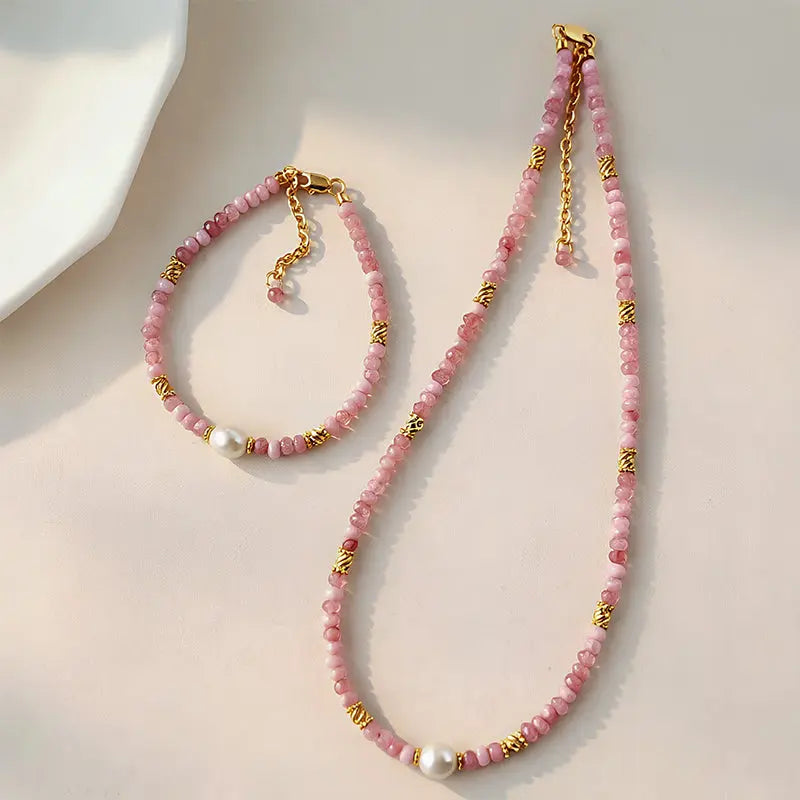 The Rose Dawn - Pink Natural Stone & Freshwater Pearl Jewelry Necklace ZANYÉ