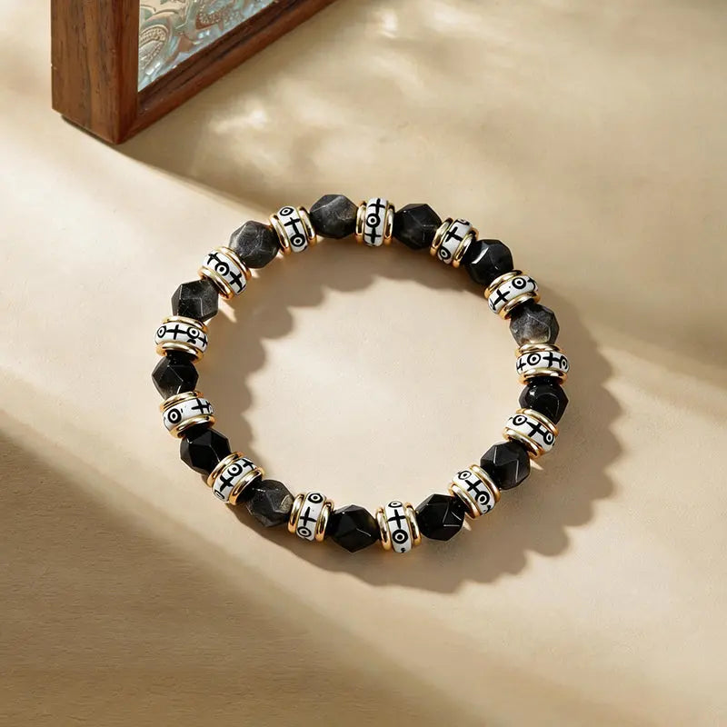 The Shadow Moon Amulet - Tibetan Silver Sheen Obsidian & Carved Bone Bracelet ZANYÉ